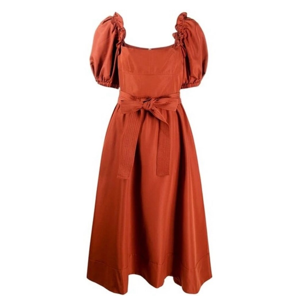Self-Portrait Terracotta Taffeta Puff-Sleeve Midi Dress w/o Waist Tie
